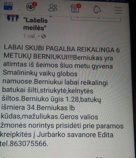 Asociacija „Lašelis meilės“ feisbuke išplatino galimai netikrą žinutę