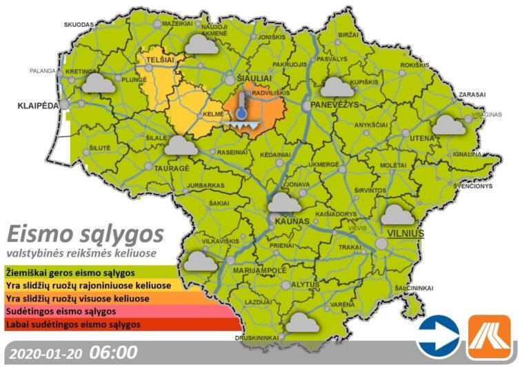 Keliuose yra slidžių ruožų! Būkite budrūs!