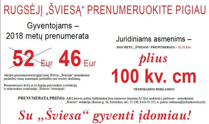 Prenumeruokite „ŠVIESĄ“ pigiau!