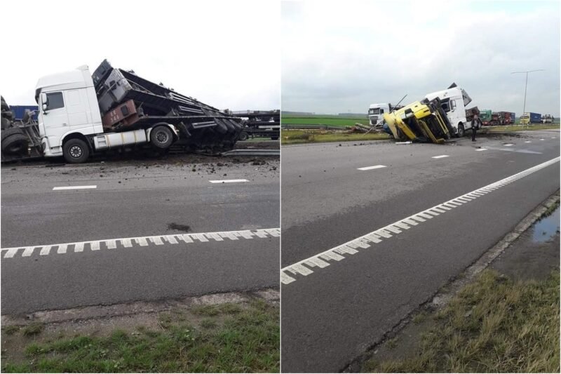 Susidūrė 2 vilkikai ir autobusas su vaikais