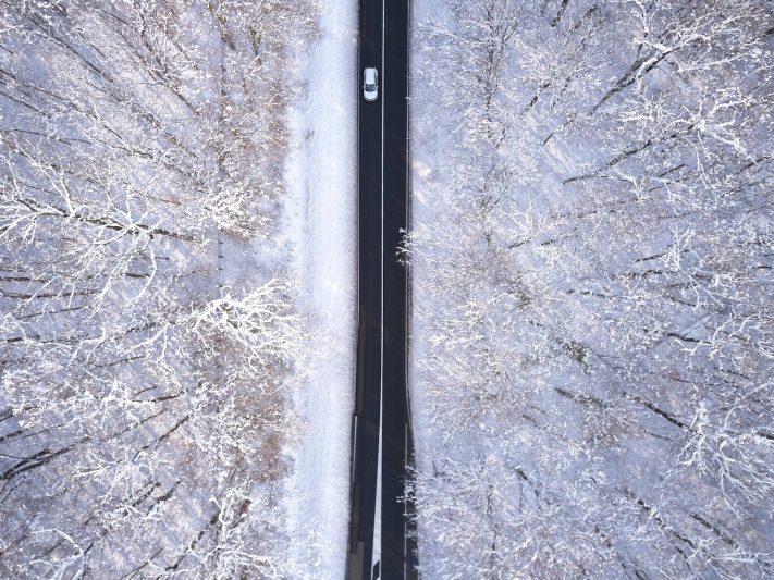 top view photo of roadway surrounded by trees