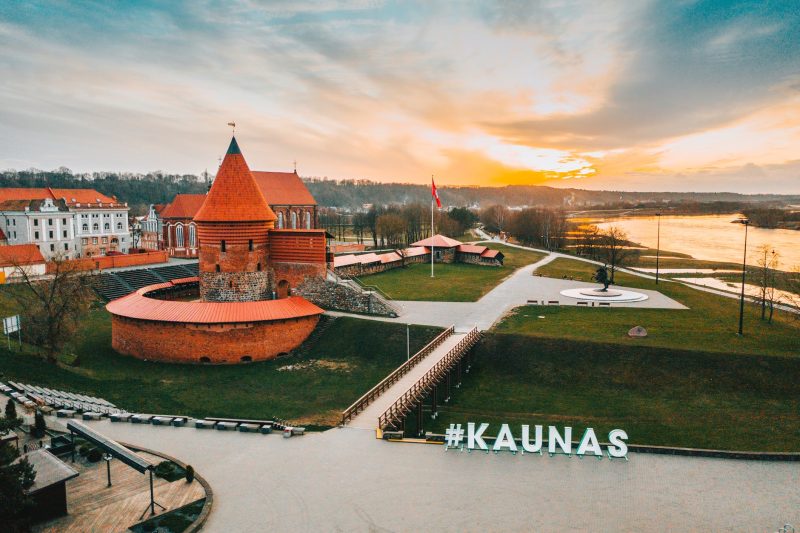 drone shot of kaunas castle