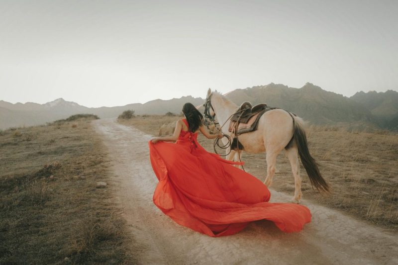 woman in long dress with horse in mountains