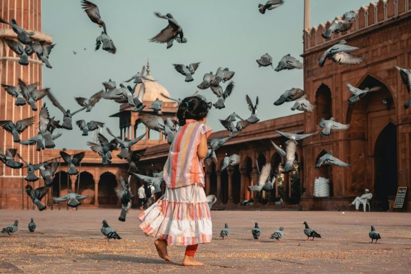 girl standing in front of flying pigeons