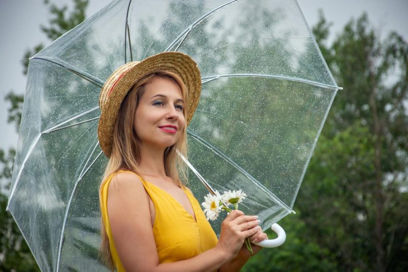 a woman in a yellow dress holding an umbrella