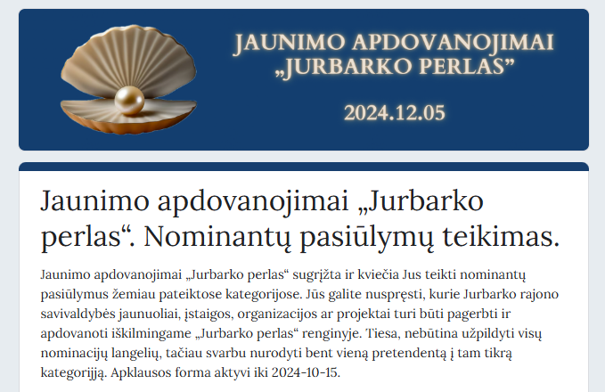 Kviečia siūlyti nominacijas apdovanojimui „Jurbarko perlas”