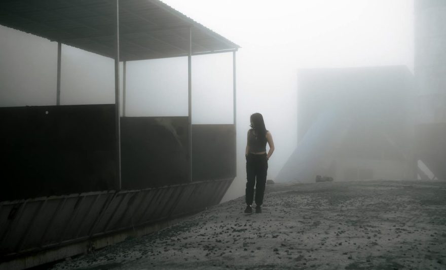 woman standing by boxes with sunlight behind