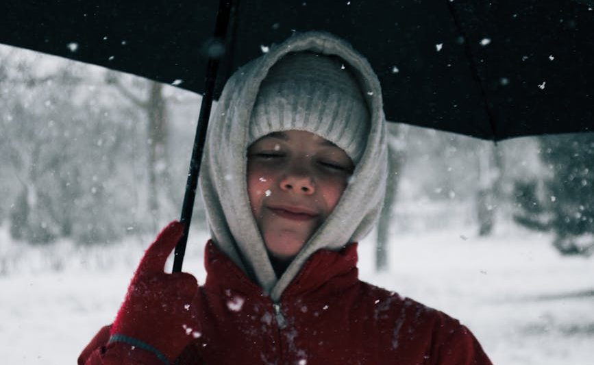 woman in red jacket holding an umbrella during snow fall