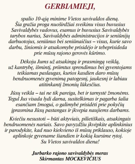 Mero Skirmanto Mockevičiaus sveikinimas Vietos savivaldos dienos proga