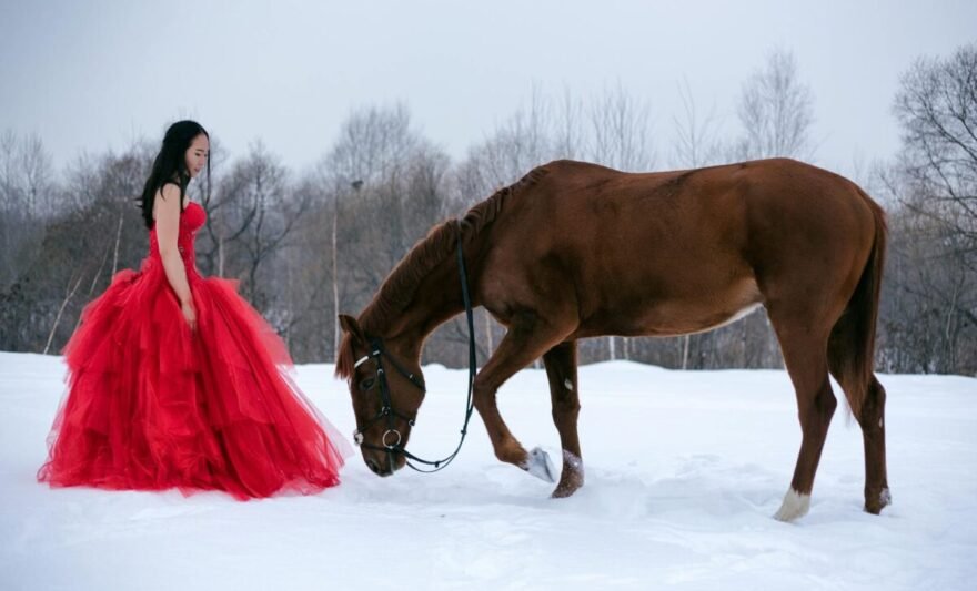 young woman in long red dress watching horse