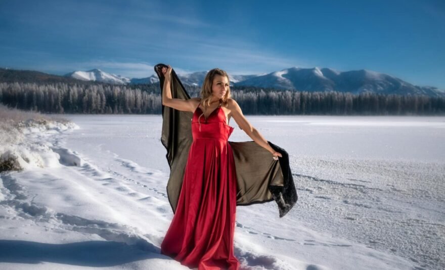 photo of woman wearing red dress