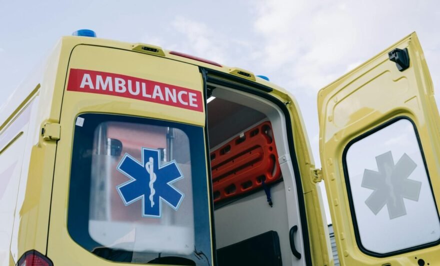 a low angle shot of an ambulance