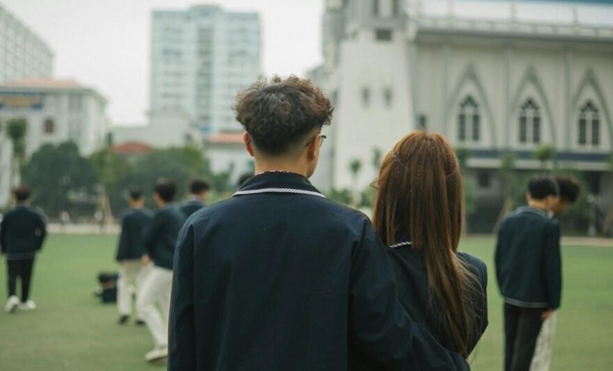 students on break in front of school
